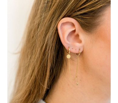 EARRINGS DOUBLE RING DOTS AND FLAMED COIN - GOLD