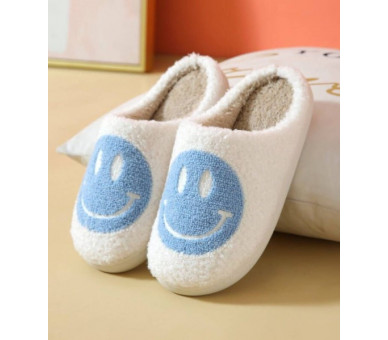 Smiley pantoffels : Smiley licht blauw op ecru achtergrond