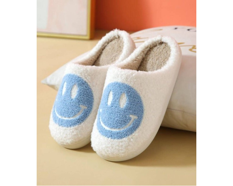 Smiley pantoffels : Smiley licht blauw op ecru achtergrond