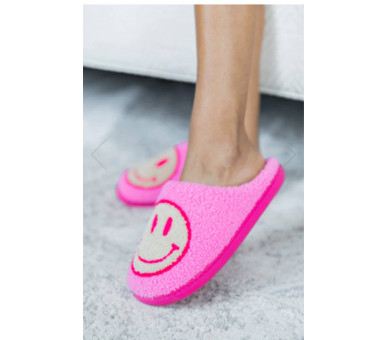 Smiley pantoffels : Smiley ecru op fucsia achtergrond