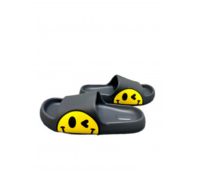Smiley slippers : Grijze slippers met gele smiley opzij