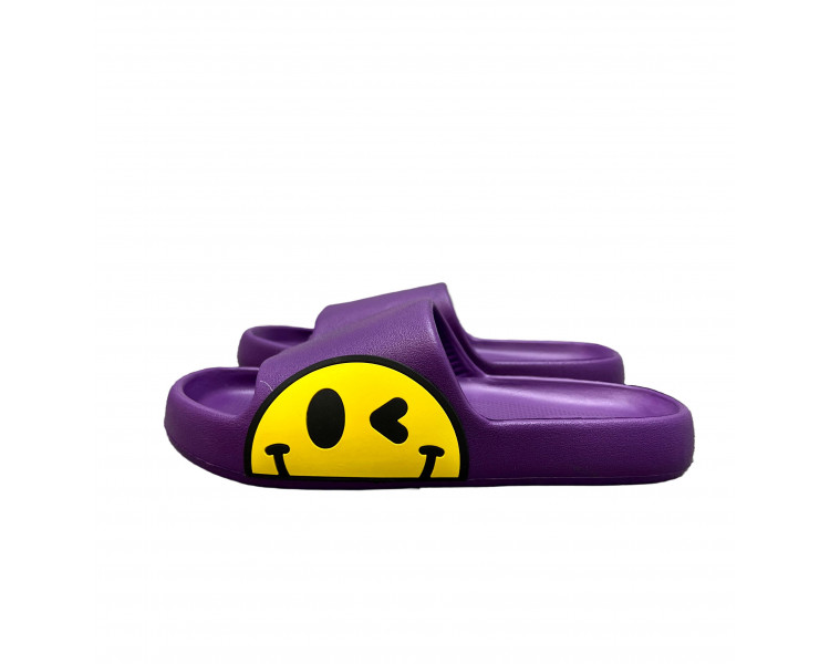 Smiley slippers : Paarse slippers met gele smiley opzij
