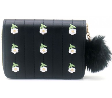 Wallet Embroidered Flowers 12x9cm - Black