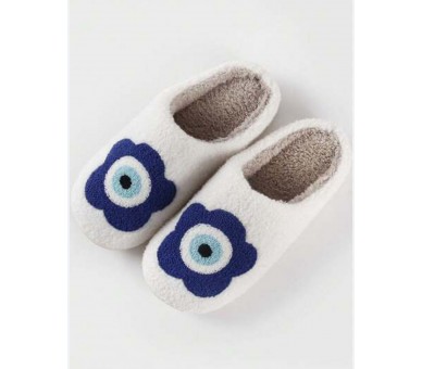 Pantoffels : Pantoffels met blauwe bloem op wit