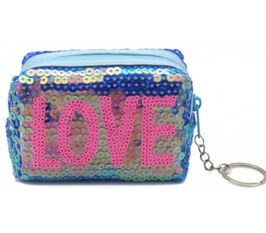 White glitter LOVE keychain blue