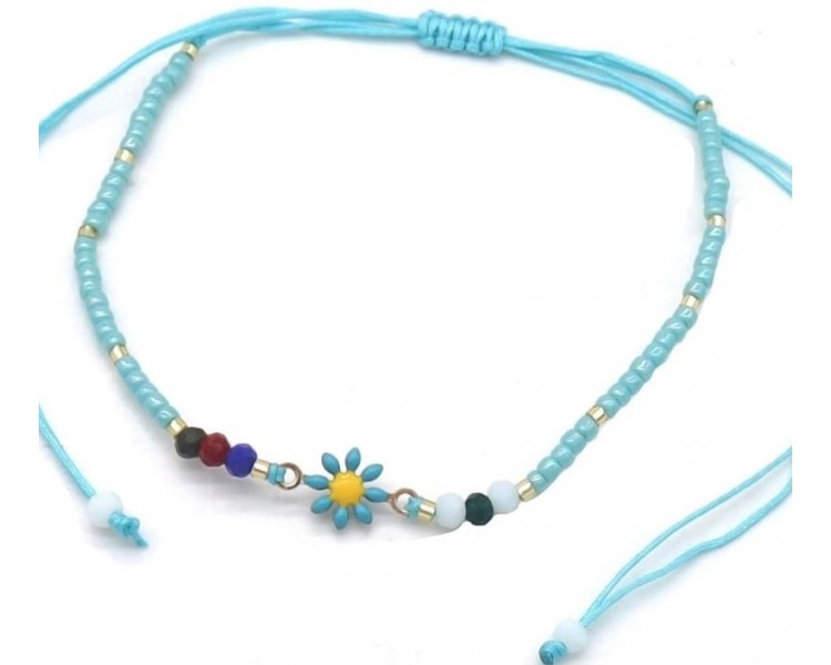 Anklet Glassbeads Flower Blue