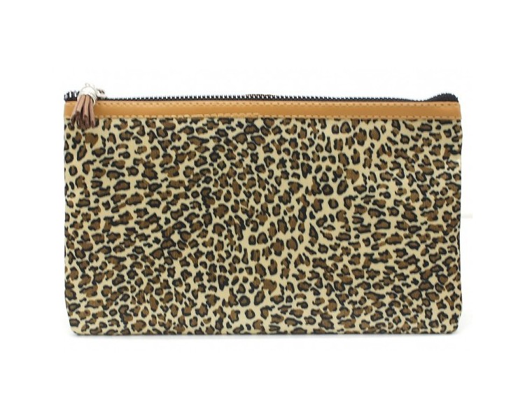 Make Up Bag with Leopard Print and Tassel 22x13.5cm Brown