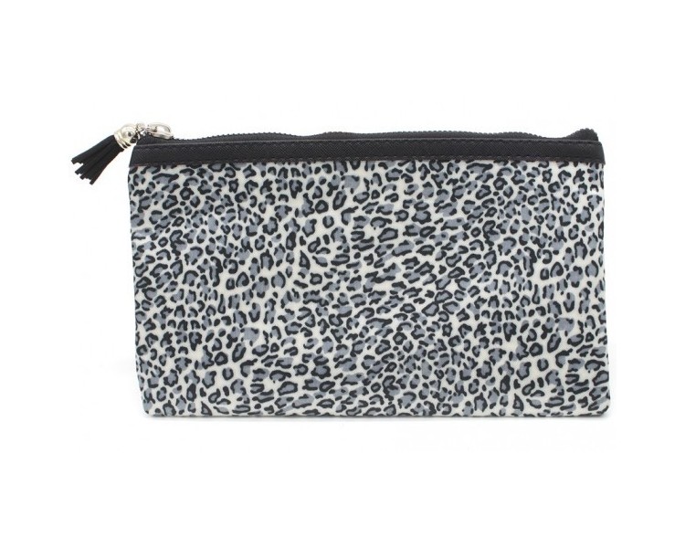 Make Up Bag with Leopard Print and Tassel 22x13.5cm Grey
