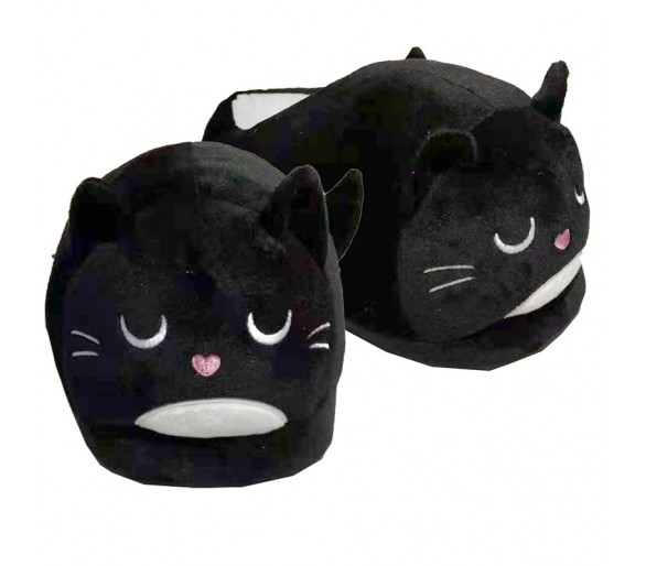Feline Fine Zwarte Kat Pantoffels (Unisex One Size)